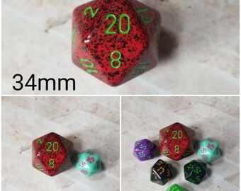 Strawberry 34mm Jumbo d20, red and black speckled with green numbers, giant dnd dice, 34mm d20 dice, huge dnd dice,  jumbo d20, RPG dice