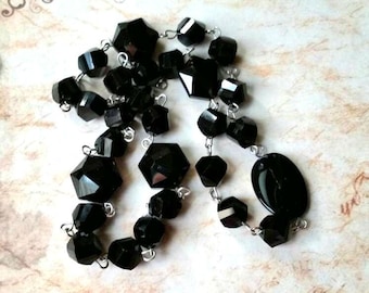 UU prayer beads, Unitarian Universalist prayer beads, stainless steel, black faceted glass beads, glossy black beads, black glass UU beads