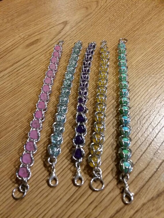 Captive bead bracelet, captured pearl jewelry, chain maille bracelet, silver, gemstone beads, captured beads, gemstone captured beads