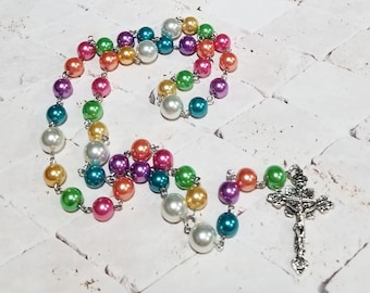 Lutheran Easter prayer beads, Lutheran rosary, stainless steel, hand-wired, glass pearl, budded crucifix, Easter egg colors, Spring colors