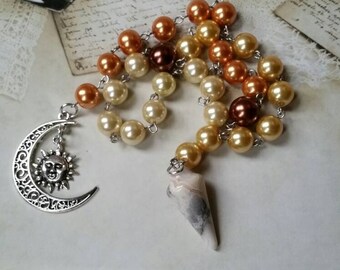 Lammas prayer beads, pagan prayer beads, Lughnasadh prayer beads, stainless steel, glass pearls, Crazy Lace Agate pendulum, sun and moon