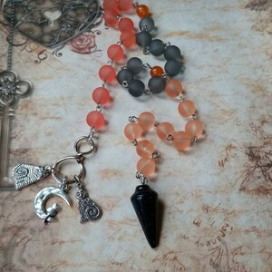 Samhain prayer beads, pagan prayer beads, Samhain witches prayer beads, stainless steel, sea glass beads, purple Goldstone pendulum, cats