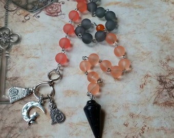 Samhain prayer beads, pagan prayer beads, Samhain witches prayer beads, stainless steel, sea glass beads, purple Goldstone pendulum, cats