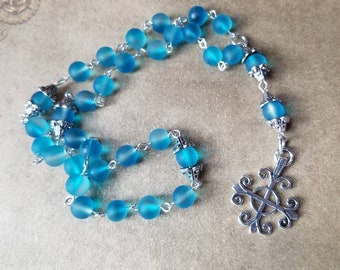 Anglican prayer beads, Methodist rosary, Protestant prayer beads, Episcopal rosary, religious aid, blue sea glass,  Jerusalem cross