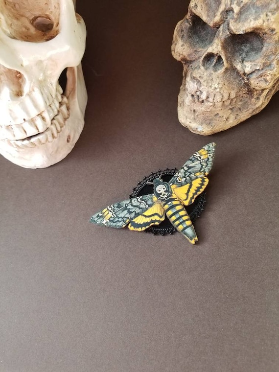 Deaths Head moth brooch, Death's head moth pin, black accents, wood lasercut moth, Hawk moth, Death head moth jewelry, unique brooch
