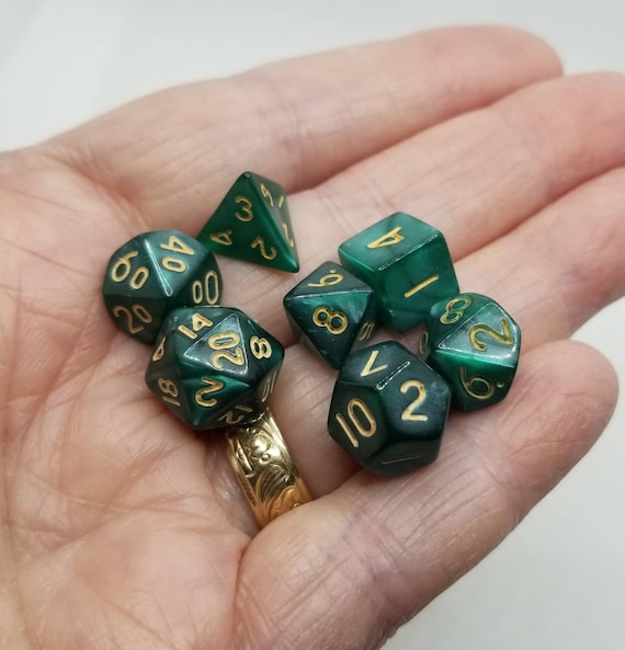 Pearly emerald green and gold mini Dnd dice, mini polyhedral gaming dice, DnD dice set, RPG dice, D and D dice, set of 7 DnD dice, 10mm dice