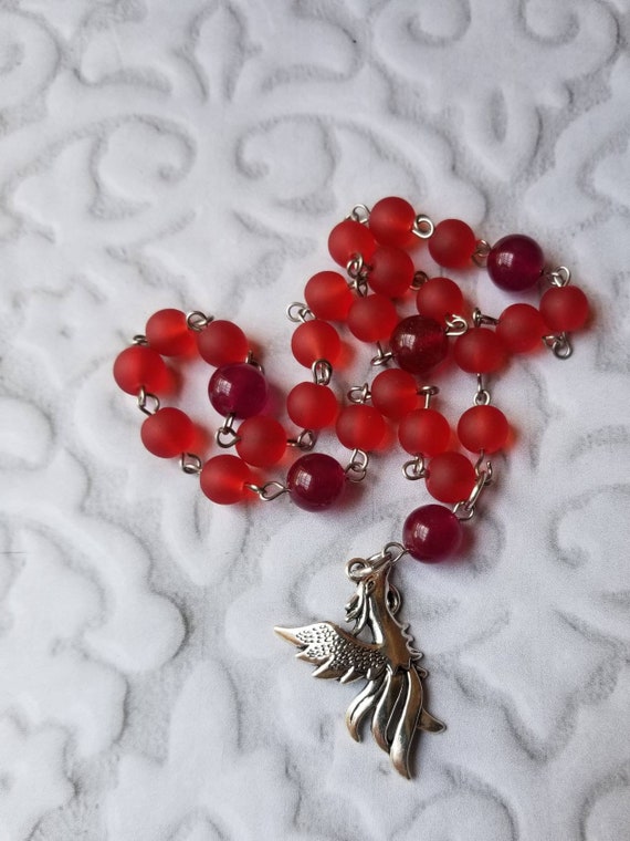 UU Prayer beads, Unitarian universalist prayer beads, stainless steel, hand wired, red sea glass, red Malay Jade, silver toned Phoenix charm