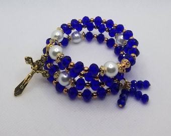 Five decade rosary bracelet, memory wire bracelet, wrap bracelet, cobalt blue  faceted glass beads,  religious bracelet, gold crucifix