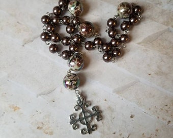 Anglican Prayer beads, Episcopal, Protestant prayer beads, Methodist, brown glass pearls, speckled focal beads, Jerusalem cross, hand-wired