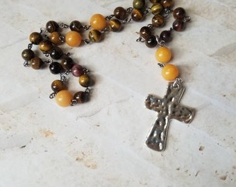 Anglican Prayer beads, Episcopal, Methodist, Protestant rosary, silver tone, Tiger's Eye, Malay Jade, gemstone prayer beads, hammered cross