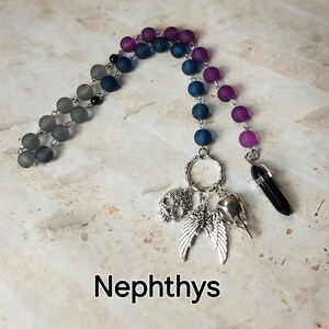 Nephthys prayer beads, Kemetic Goddess prayer beads, hand-wired, beautiful beads, silver-toned charms, Goddess, Egyptian, pagan,