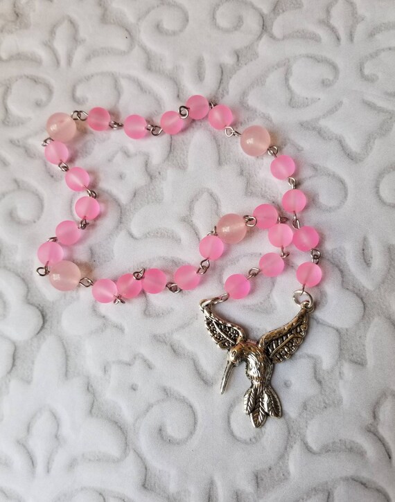 UU Prayer beads, Unitarian universalist prayer beads, stainless steel, hand wired, pink sea glass, Malay Jade, silver-toned Hummingbird