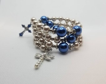 Lutheran rosary bracelet, Lutheran prayer bracelet, memory wire wrap bracelet, prayer aid, silver, beige and blue glass pearls, religious