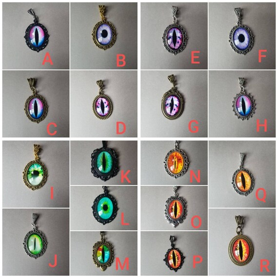 Dragon eye pendant, dragon eye necklace, silver-toned frames, cat eye jewelry, demon eye pendant, glass cabochons, purple or green or orange