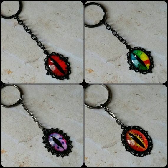 Dragon eye keychains, keychain, key fob, key ring, black and gunmetal, glass eye cabochon, bright colors, sturdy keychain, eye keychains