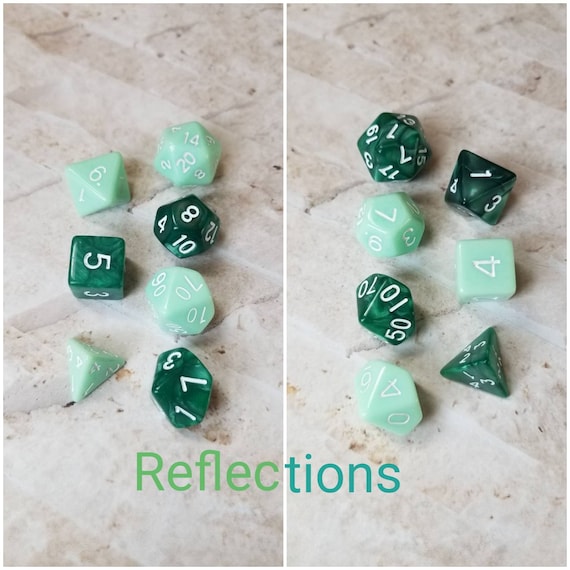 Reflections dnd dice, green curated dice set, polyhedral dice, DnD dice set, RPG dice, gaming dice, set of 7 dice, hand picked sets, 16mm