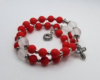 Anglican prayer bead bracelet, memory wire bracelet, beaded bracelet, wrap bracelet, red rubberized beads, sea glass, Protestant prayer bead