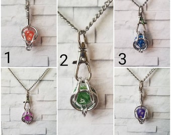 Captive dice jewelry, mini d20 necklace, dice jail necklace, dnd dice jewelry, chain  maille cage, d20 pendant, d20 IS removable, plus dice
