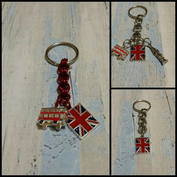 Keychain, British themed silver chain maille keychains with enameled charms, British flag, Double-decker bus, Big Ben, key ring, key fob