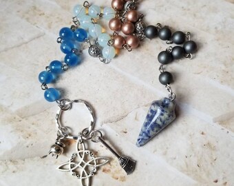 Yule prayer beads, pagan prayer beads, witch prayer beads, stainless pins, Sabbat prayer beads, Sodalite pendulum point, Celtic witches knot