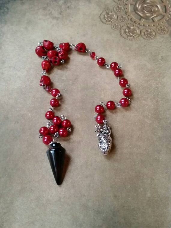 Day of the Dead prayer beads, Dia de Los Muertos prayer beads, pagan prayer beads, stainless steel, red skull beads, anatomical heart