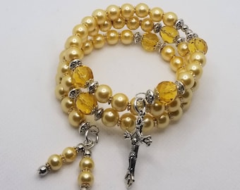 Five decade rosary bracelet, memory wire bracelet, wrap bracelet, yellow glass pearls, topaz Czech glass, silver toned, hand-wired, OOAK