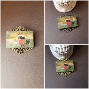 Witch brooch, witch pin, witch on broom, witch with cat, Wiccan brooch, Wiccan jewelry, pagan jewelry, LARP pin, witches familiar, 3 choices