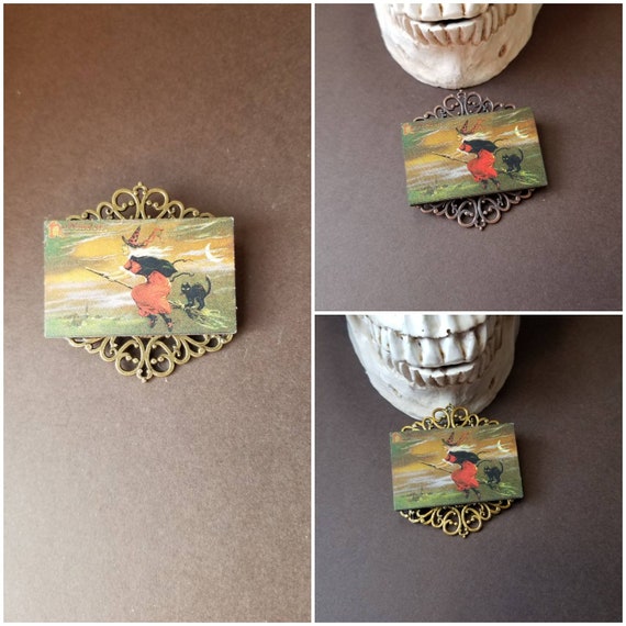 Witch brooch, witch pin, witch on broom, witch with cat, Wiccan brooch, Wiccan jewelry, pagan jewelry, LARP pin, witches familiar, 3 choices