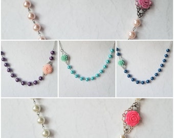 Asymmetrical necklace, bridal jewelry, glass pearls, flowers and pearls, pearl necklace, romantic necklace, gift for her, Mother's day gift