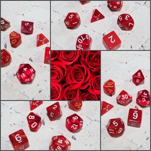 Red rose inspired 16mm dice sets, dnd dice sets, themed dnd dice, curated set, polyhedral dice, RPG dice, red dice set