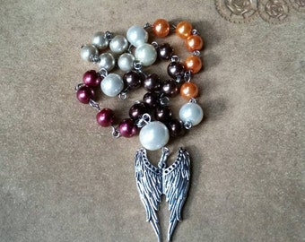 UU prayer beads, Unitarian Universalist prayer beads, stainless steel, Autumn colors, Thanksgiving themed, glass pearls, angel wing charm