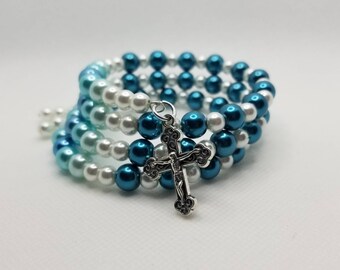 Orthodox prayer bracelet, Orthodox Chotki, 100 bead, Orthodox Christian prayer bracelet, memory wire, multi-loop, blue and white, religious