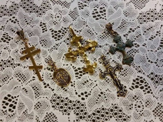 Gold metal crucifix, gold cross medal, large cross pendant, fancy cross, religious jewelry, religious necklace, patina, Orthodox cross