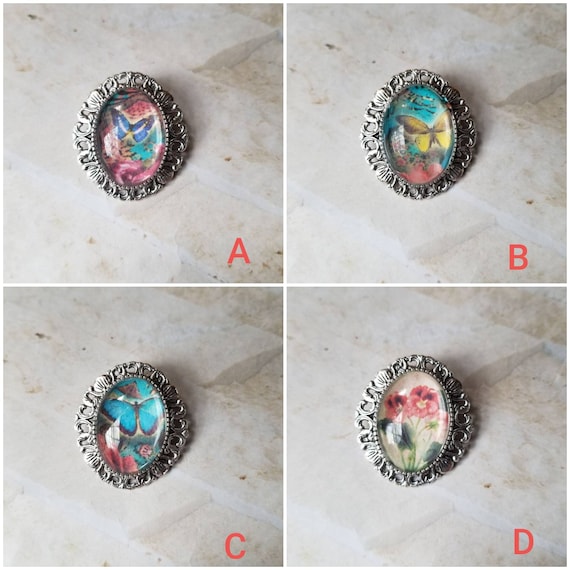 Butterfly brooch, butterfly pin, flower brooch, flower pin, butterfly jewelry, silver toned bezel, photo behind glass, butterfly pendant
