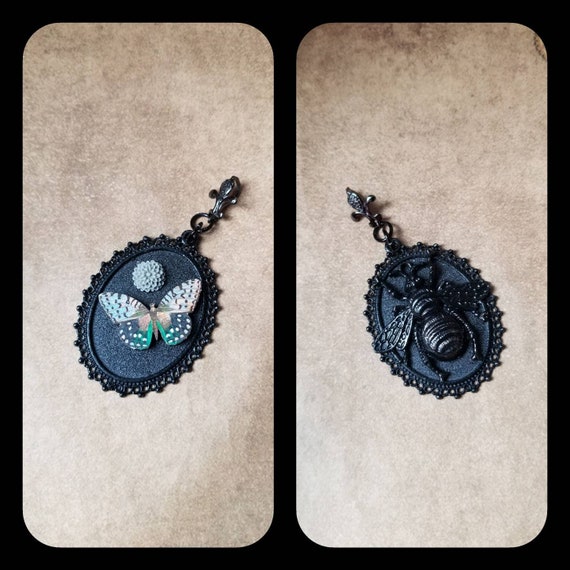 Black bumblebee pendant, dahlia and butterfly pendant, bee necklace, Goth bee jewelry, lasercut butterfly necklace, unique gift idea, ooak