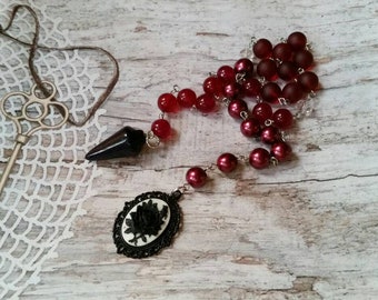 Day of the Dead prayer beads, Dia de Los Muertos prayer beads, pagan prayer beads, stainless steel, maroon beads, Czech glass, rose cameo