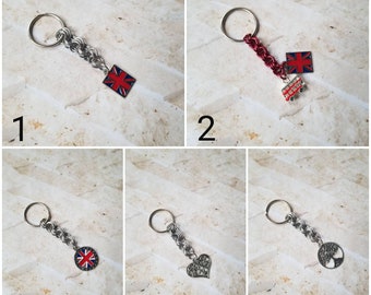 Chain maille keychain, silver and enameled keychains, UK themed keychain, heart keychain, tree of life keychain, handmade maille keychain