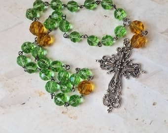 Anglican prayer beads, Episcopal, Methodist, Protestant rosary, silver filigree  cross, green and amber-colored glass beads
