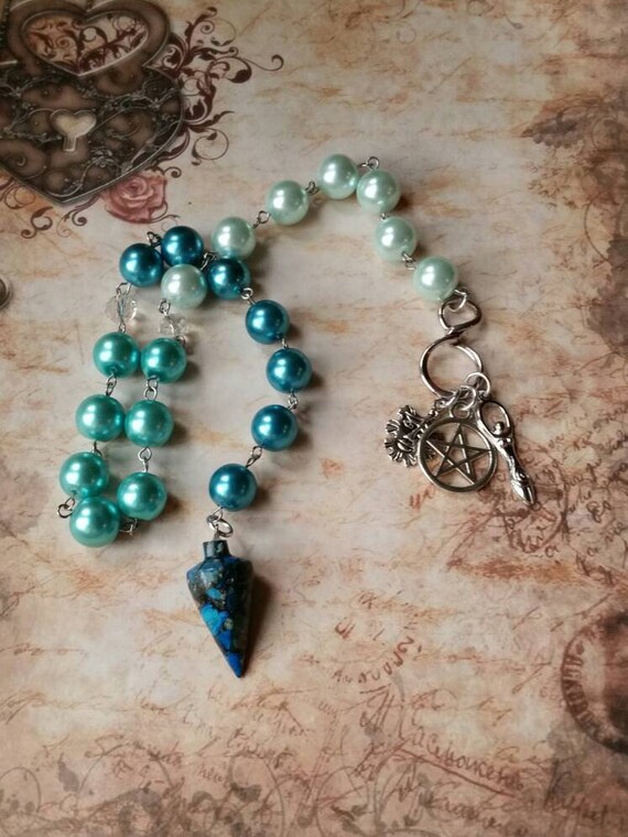 Pagan prayer beads, Winter prayer beads, stainless steel, Ice and snow prayer beads, glass pearls, Jasper pendulum, pentagram charm