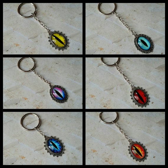Dragon eye keychains, keychain, key fob, key ring, stainless steel ring, glass eye cabochon, bright colors, eye keychains, Goth keychains
