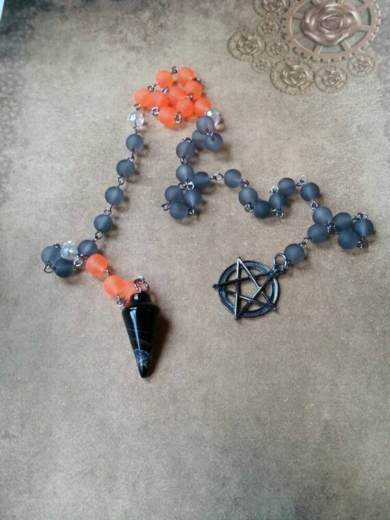 Samhain witches ladder, pagan prayer beads, Wiccan beads, witches ladder, gunmetal, Black Onyx, orange and black Sea glass, black pentagram