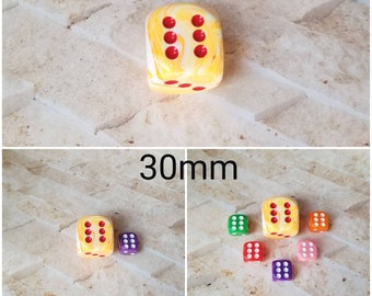 30mm Chessex Festive Sunburst with red pips dice, Chessex 30mm die, Festive Sunburst dice, orange and cream with red pips, mega titan