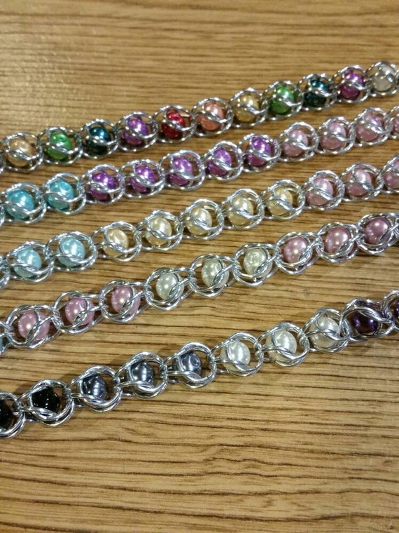 Captive bead bracelet, captured pearl jewelry, chain maille bracelet, silver, glass pearls, LGBTQ, captured bead jewelry, custom orders