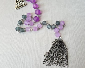 Baha'i prayer beads, 19 and 5 prayer beads, hand-wired, stainless steel pins, sea glass, Halloween themed, gunmetal tassel, Triquetra