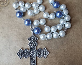Anglican Prayer beads, Episcopal, Protestant prayer beads, Methodist, white and purple glass pearls, stainless steel, large ornate cross