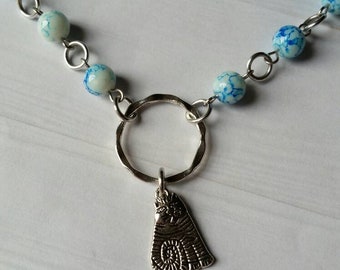 Kitten day collar, discreet day collar, blue glass beads, BDSM collar, O ring necklace, silver day collar, kitten charm, princess collar