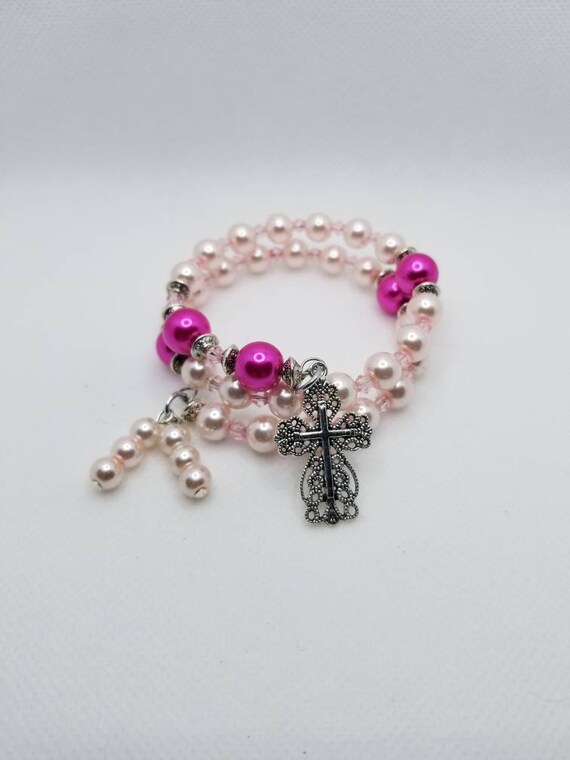 Anglican prayer bead bracelet, memory wire bracelet, beaded bracelet, wrap bracelet, pink glass pearls, Protestant prayer beads