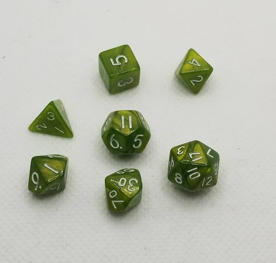 Pearly green and white mini Dnd dice, mini polyhedral gaming dice, DnD dice set, RPG dice, D and D dice, set of 7 DnD dice, 10mm dice