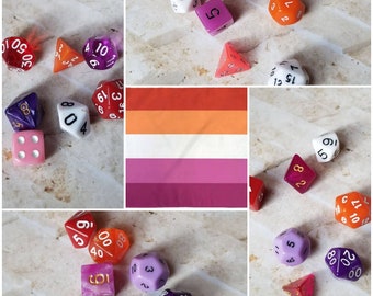 Lesbian flag 16mm dnd dice, hand chosen, curated set of polyhedral gaming dice, DnD dice set, RPG dice, LGBTQ dice, Sunset Lesbian pride