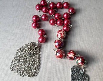 Baha'i prayer beads, 19 and 5 prayer beads, hand-wired, silver-tone, cranberry glass pearls, speckled beads, heart, handmade chain tassel